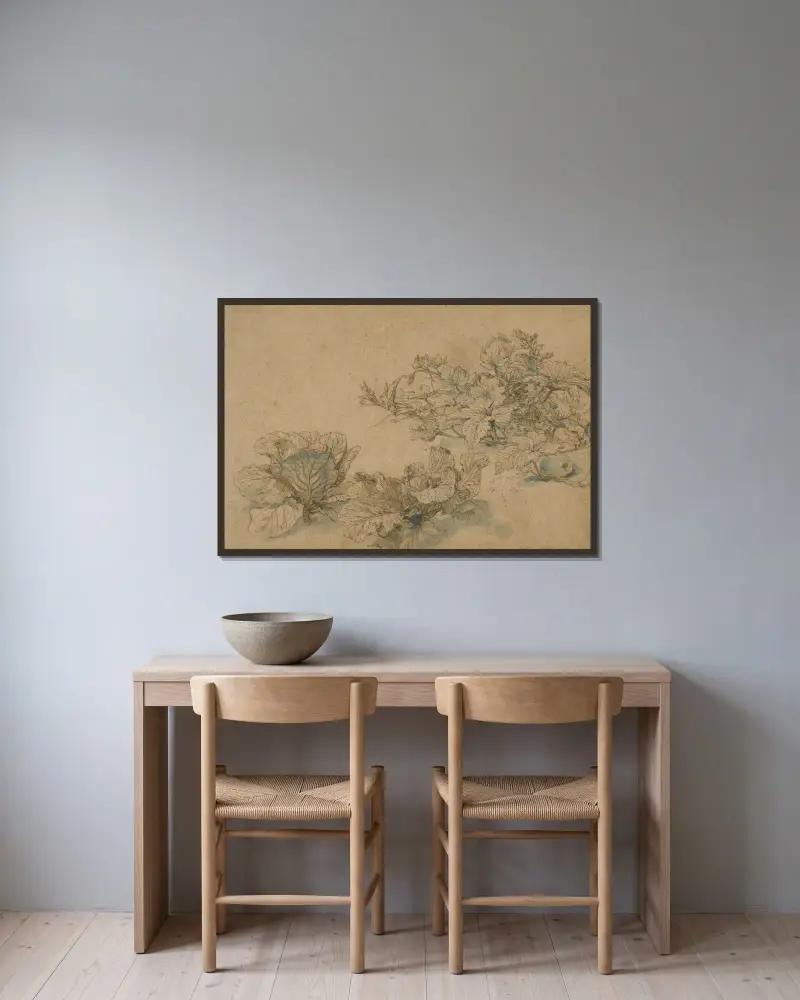 Studier av en märgväxt och kålhuvuden av Abraham Bloemaert inramad på en vägg