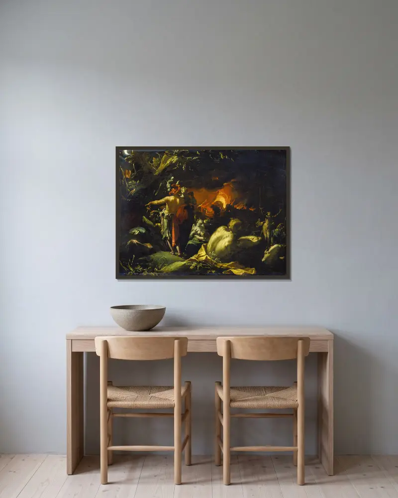 Der Brand von Troja von Abraham Bloemaert gerahmt an einer Wand