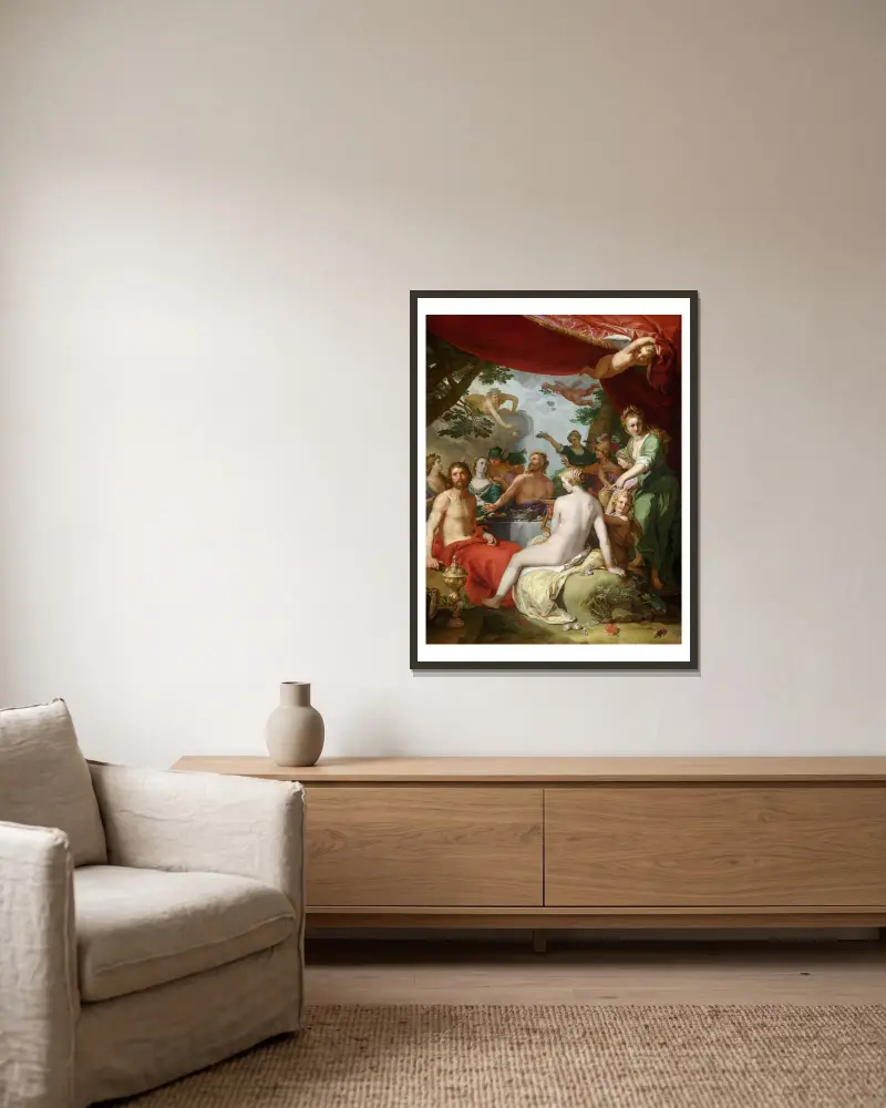 Gudarnas fest vid Peleus och Thetis bröllop av Abraham Bloemaert inramad på en vägg