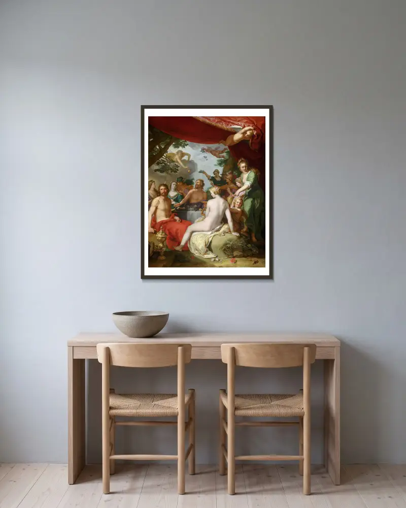 Gudarnas fest vid Peleus och Thetis bröllop av Abraham Bloemaert inramad på en vägg