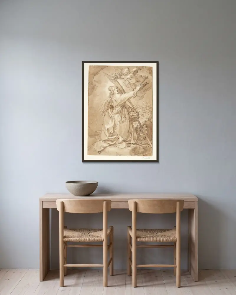 Sankta Katarinas martyrium av Abraham Bloemaert inramad på en vägg