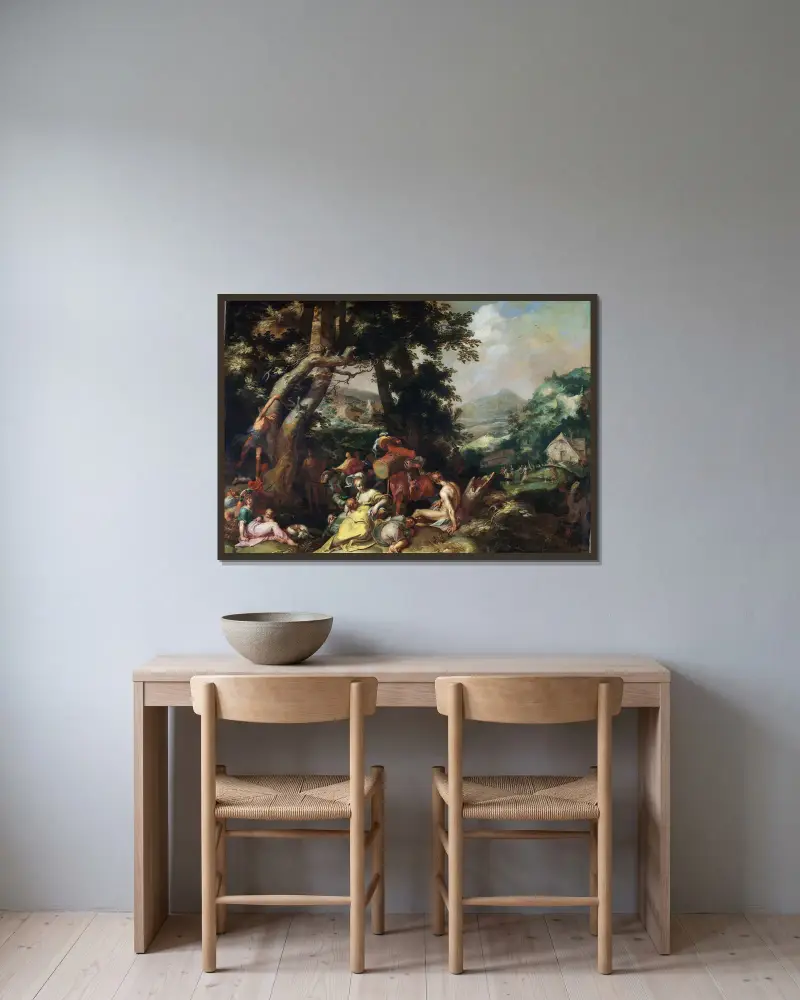 Johannes Döparens predikan av Abraham Bloemaert inramad på en vägg