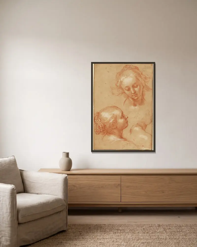 Drei Studien von Frauen von Abraham Bloemaert gerahmt an einer Wand