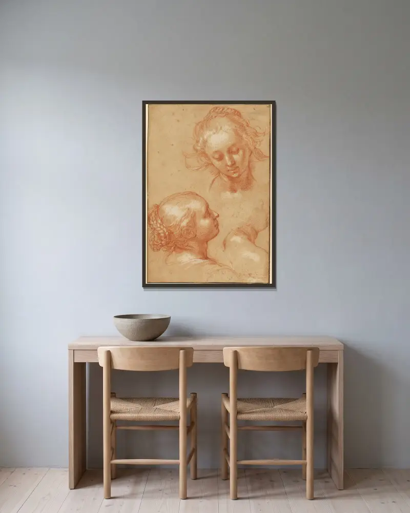Drei Studien von Frauen von Abraham Bloemaert gerahmt an einer Wand