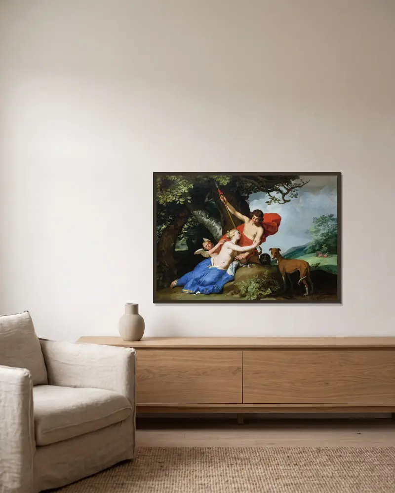 Venus and Adonis, 1632 av Abraham Bloemaert inramad på en vägg