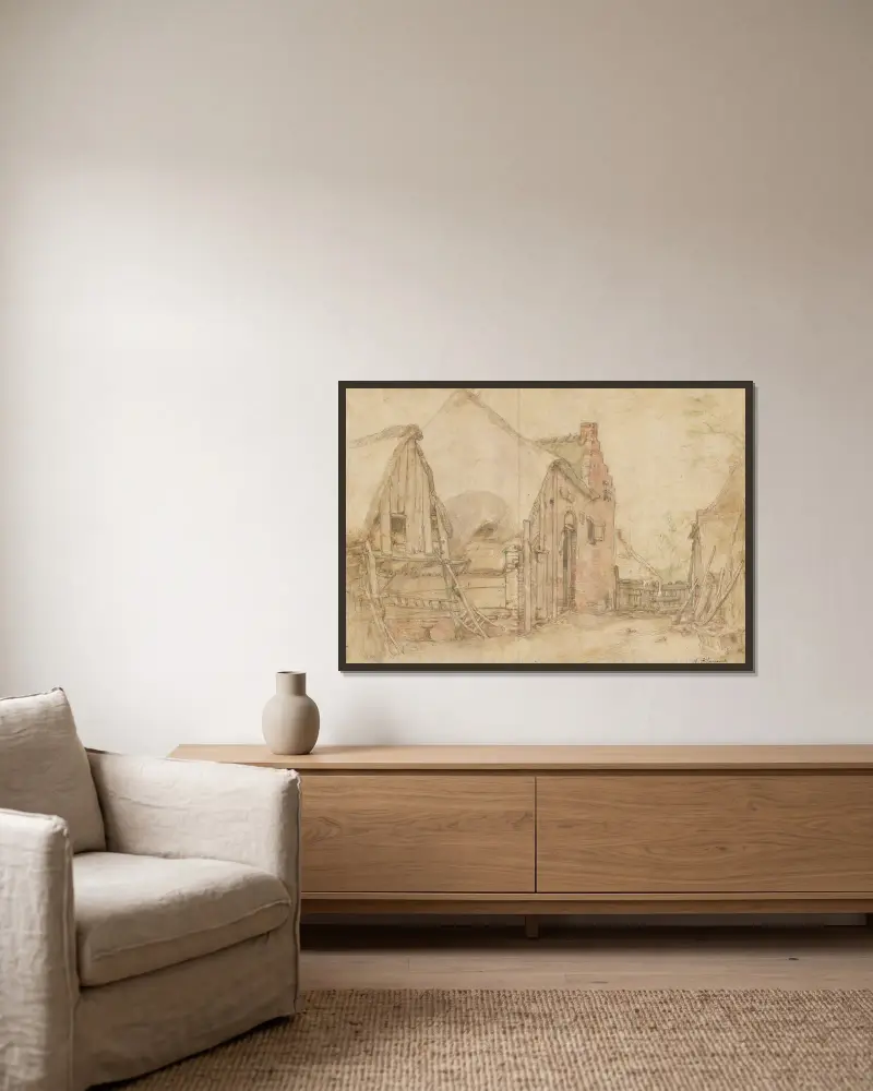 Blick auf einen Bauernhof von Abraham Bloemaert gerahmt an einer Wand