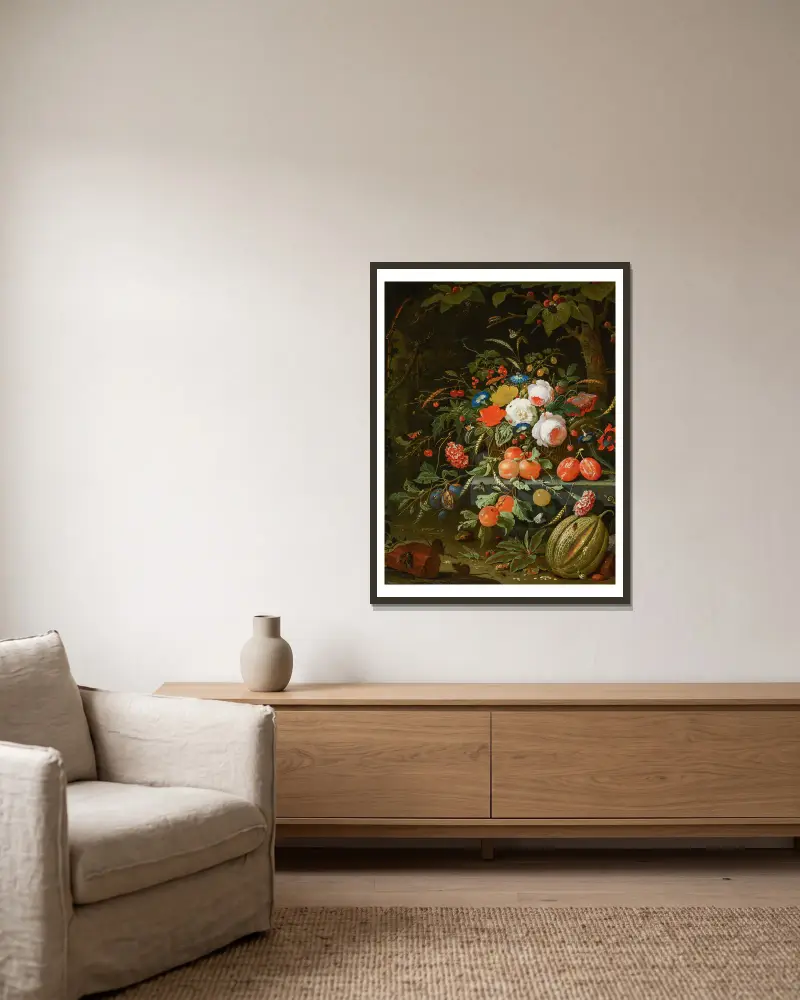 Flowers and Fruit av Abraham Mignon inramad på en vägg