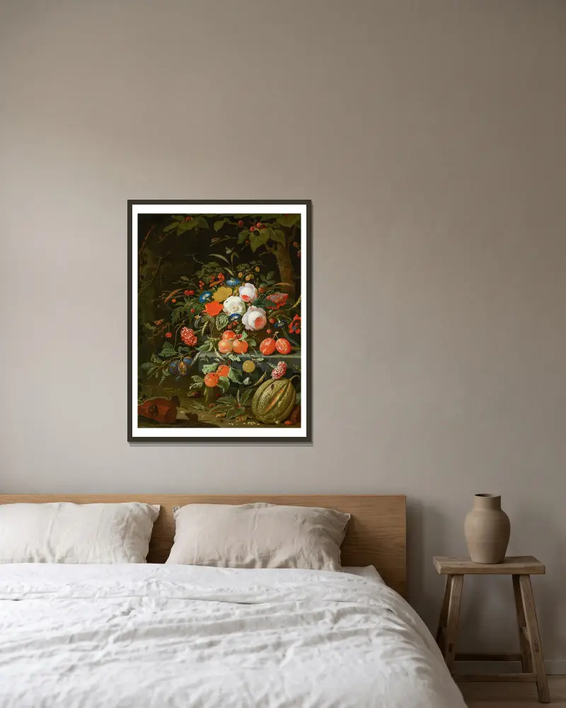 Flowers and Fruit av Abraham Mignon inramad på en vägg