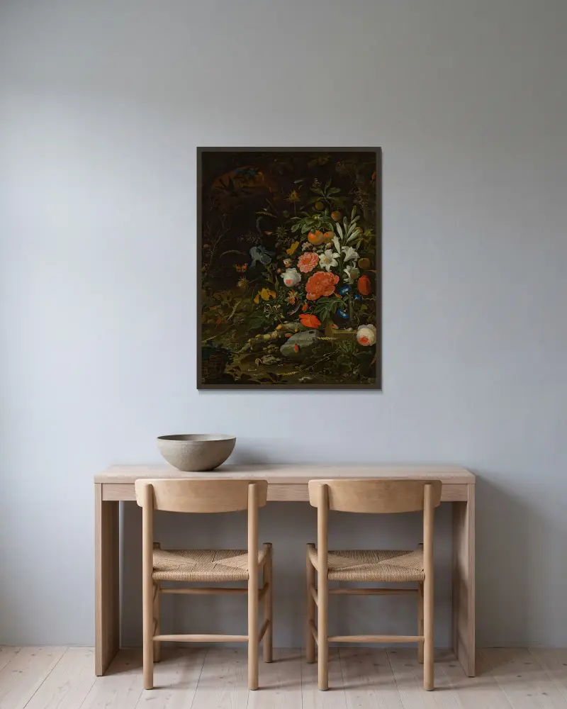 Blumen und kleine Lebewesen – Vanitas von Abraham Mignon gerahmt an einer Wand