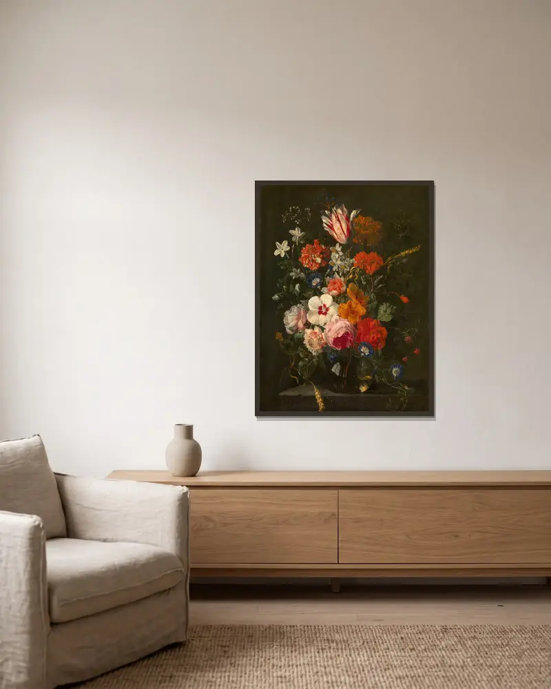 Flowers in a Vase av Abraham Mignon inramad på en vägg