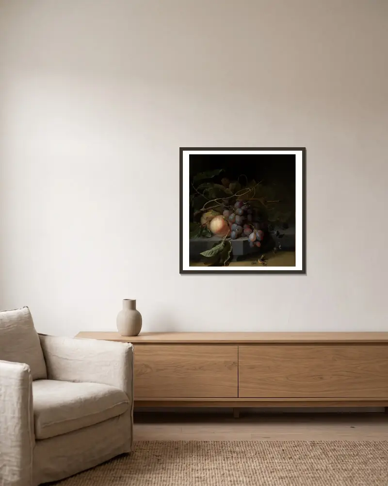 Fruchtstilleben mit Eidechse von Abraham Mignon gerahmt an einer Wand