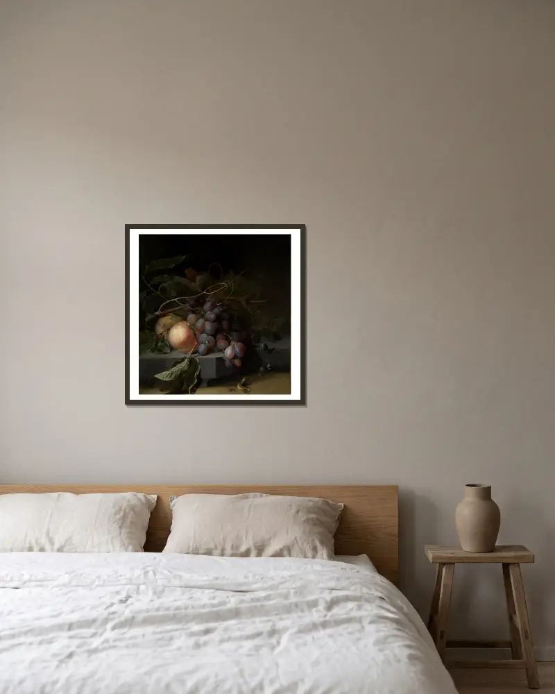 Fruchtstilleben mit Eidechse von Abraham Mignon gerahmt an einer Wand