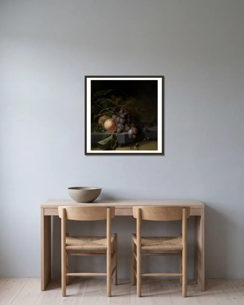 Fruchtstilleben mit Eidechse von Abraham Mignon gerahmt an einer Wand