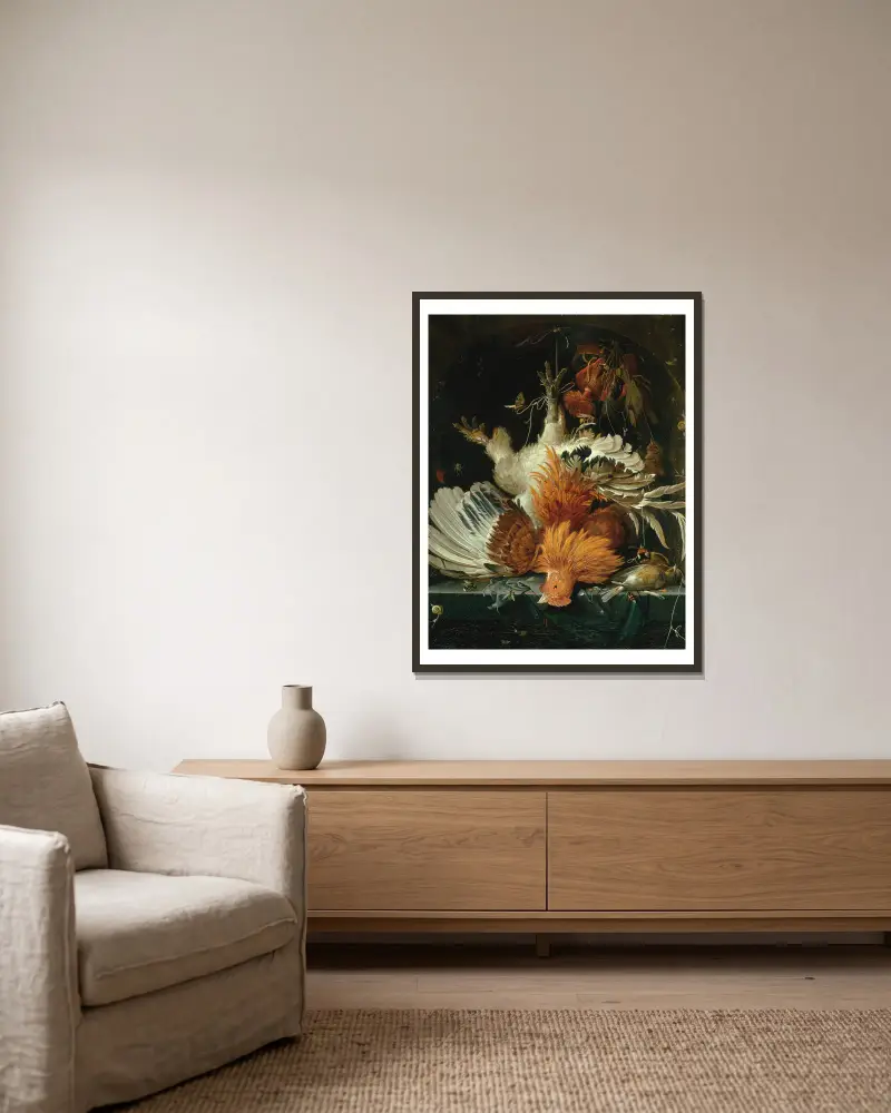 Stillleben mit totem Geflügel von Abraham Mignon gerahmt an einer Wand