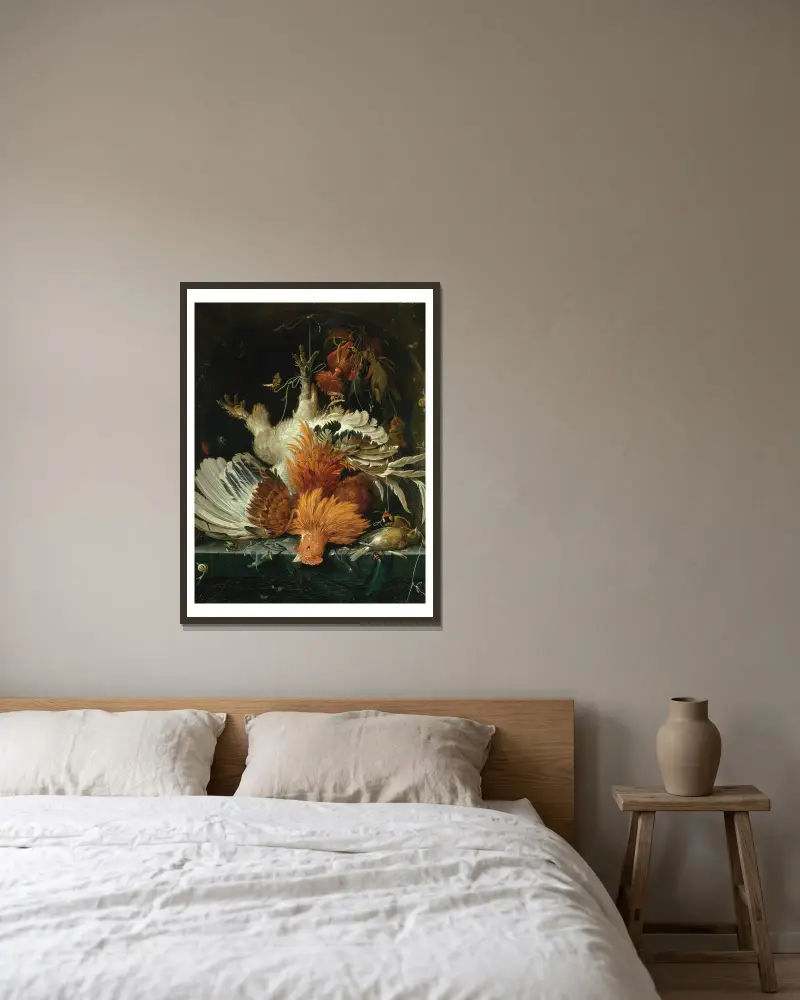 Stillleben mit totem Geflügel von Abraham Mignon gerahmt an einer Wand