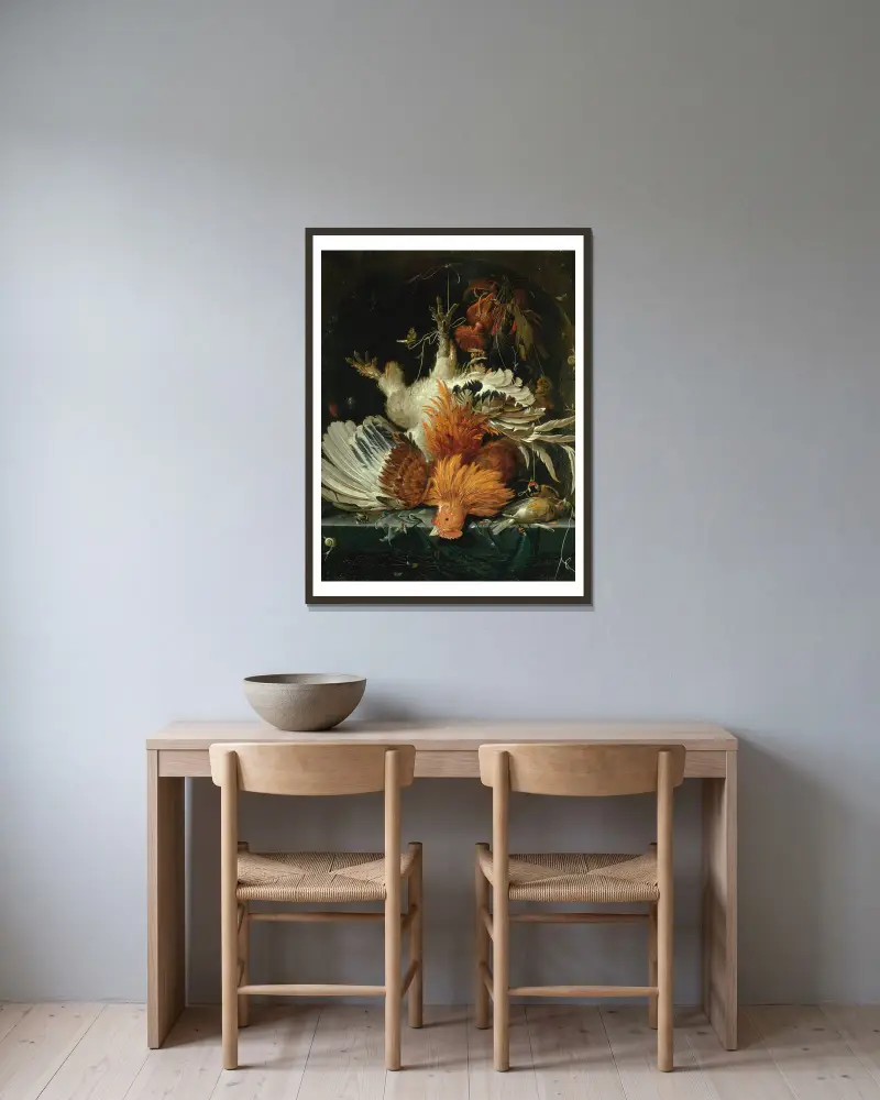 Stillleben mit totem Geflügel von Abraham Mignon gerahmt an einer Wand