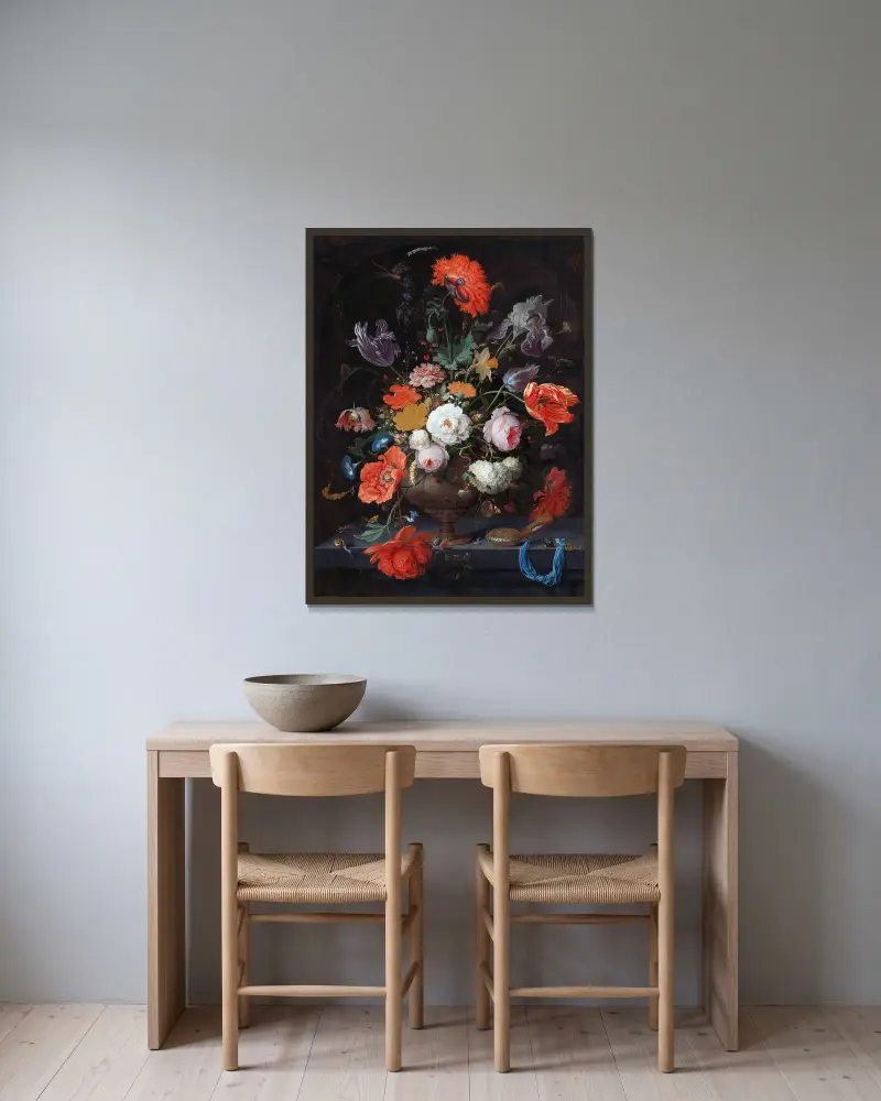 Stilleben med blommor och klocka av Abraham Mignon inramad på en vägg