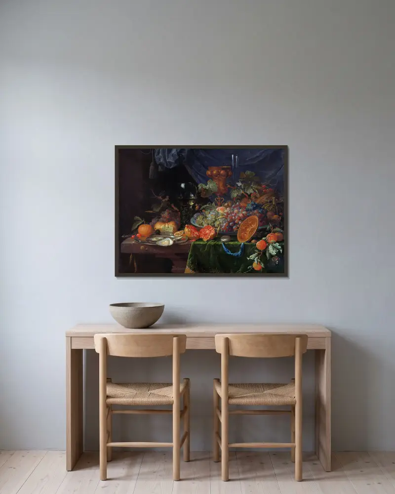 Stilleben med frukt och ostron av Abraham Mignon inramad på en vägg