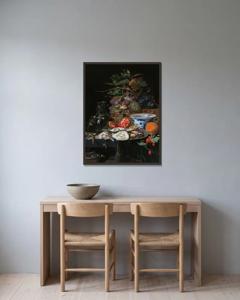 Stilleben med frukt, ostron och porslinsskål av Abraham Mignon inramad på en vägg