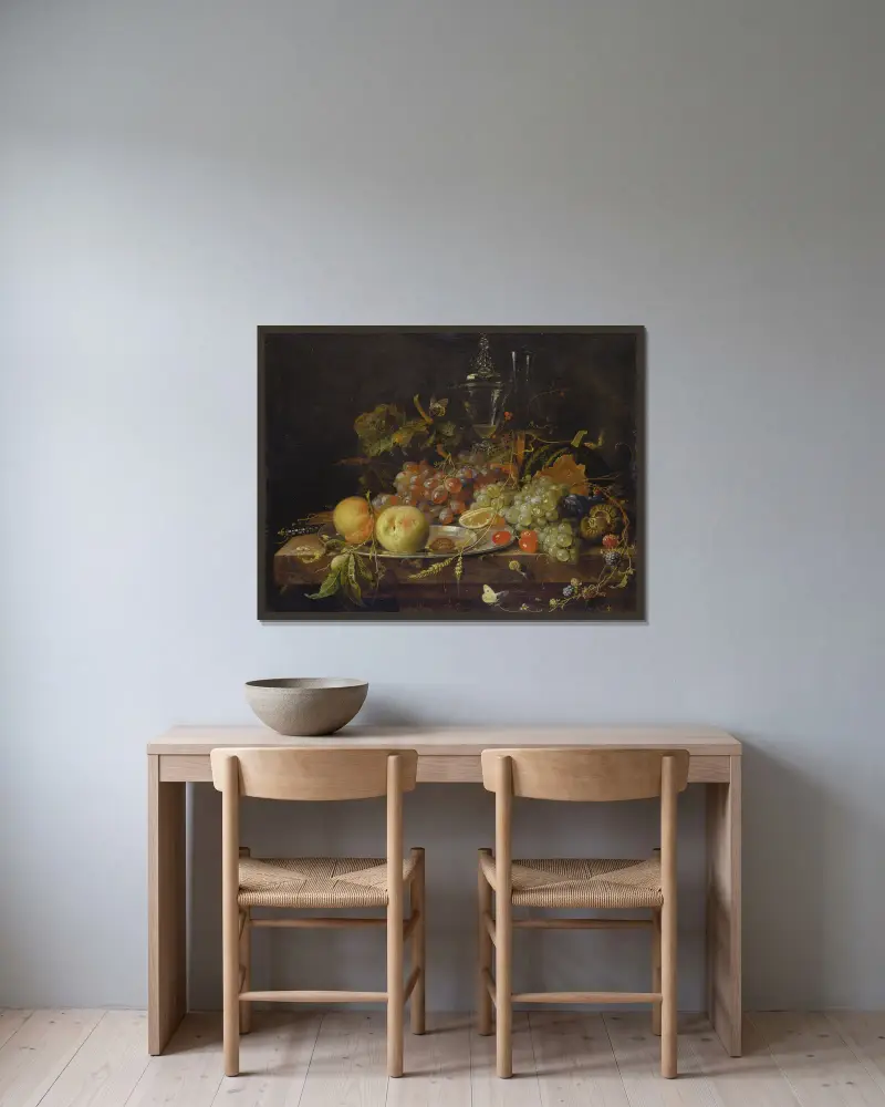 Stillleben mit Früchten, Zinnteller und Weingläsern von Abraham Mignon gerahmt an einer Wand