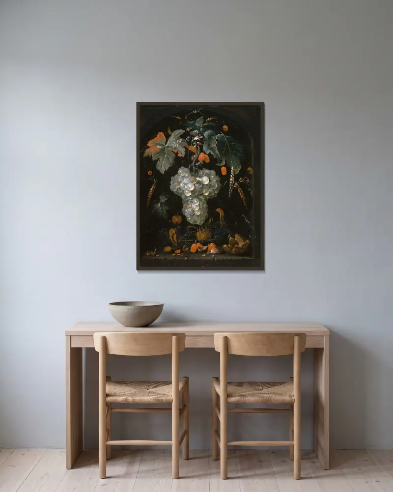 Stilleben med druvor och frukt i en nisch av Abraham Mignon inramad på en vägg