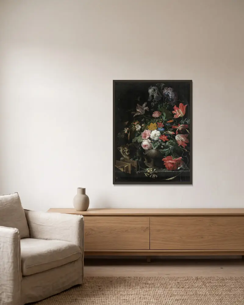 The Overturned Bouquet av Abraham Mignon inramad på en vägg