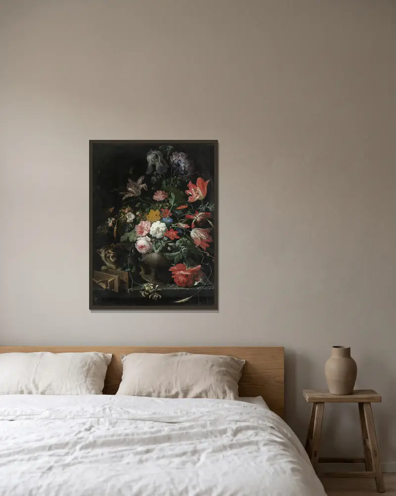 The Overturned Bouquet av Abraham Mignon inramad på en vägg