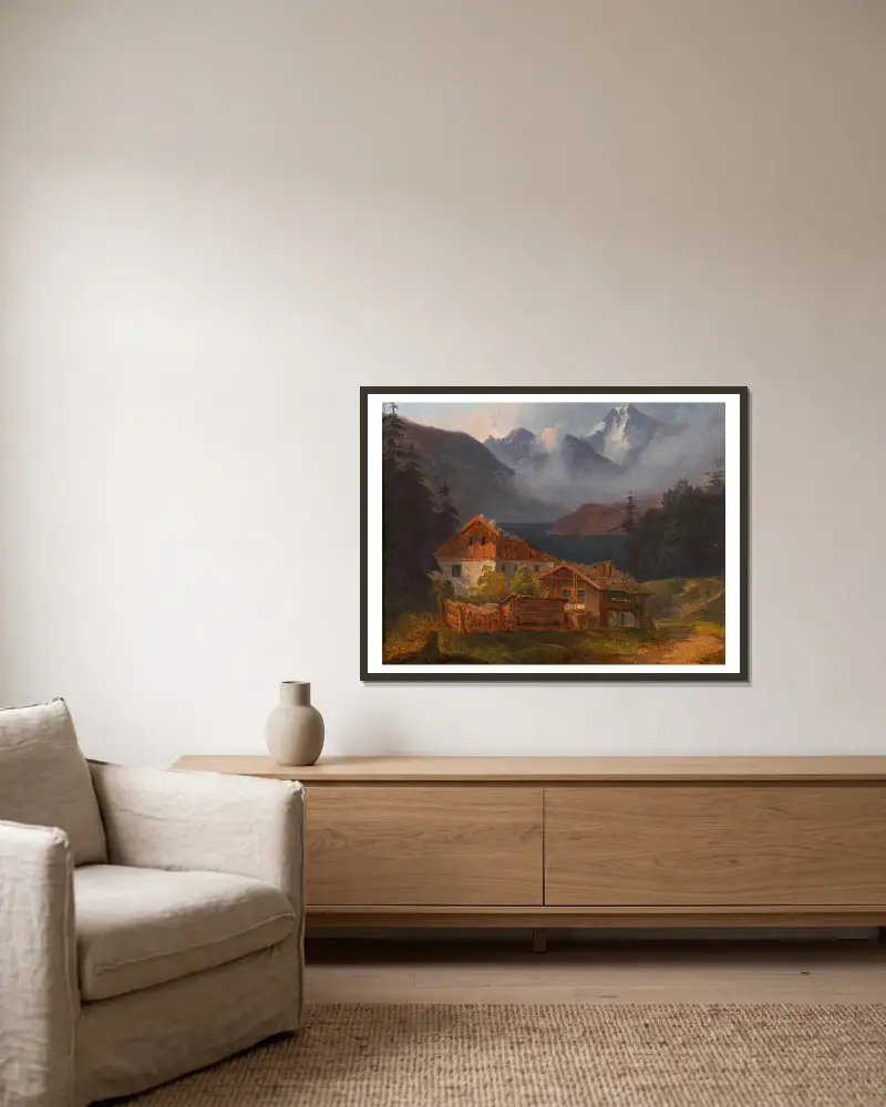 Bauerngehöft an einem Bergsee von Adalbert Stifter gerahmt an einer Wand