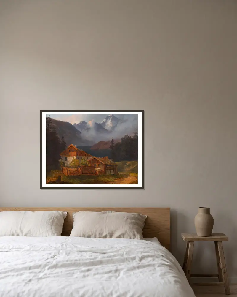 Bauerngehöft an einem Bergsee von Adalbert Stifter gerahmt an einer Wand