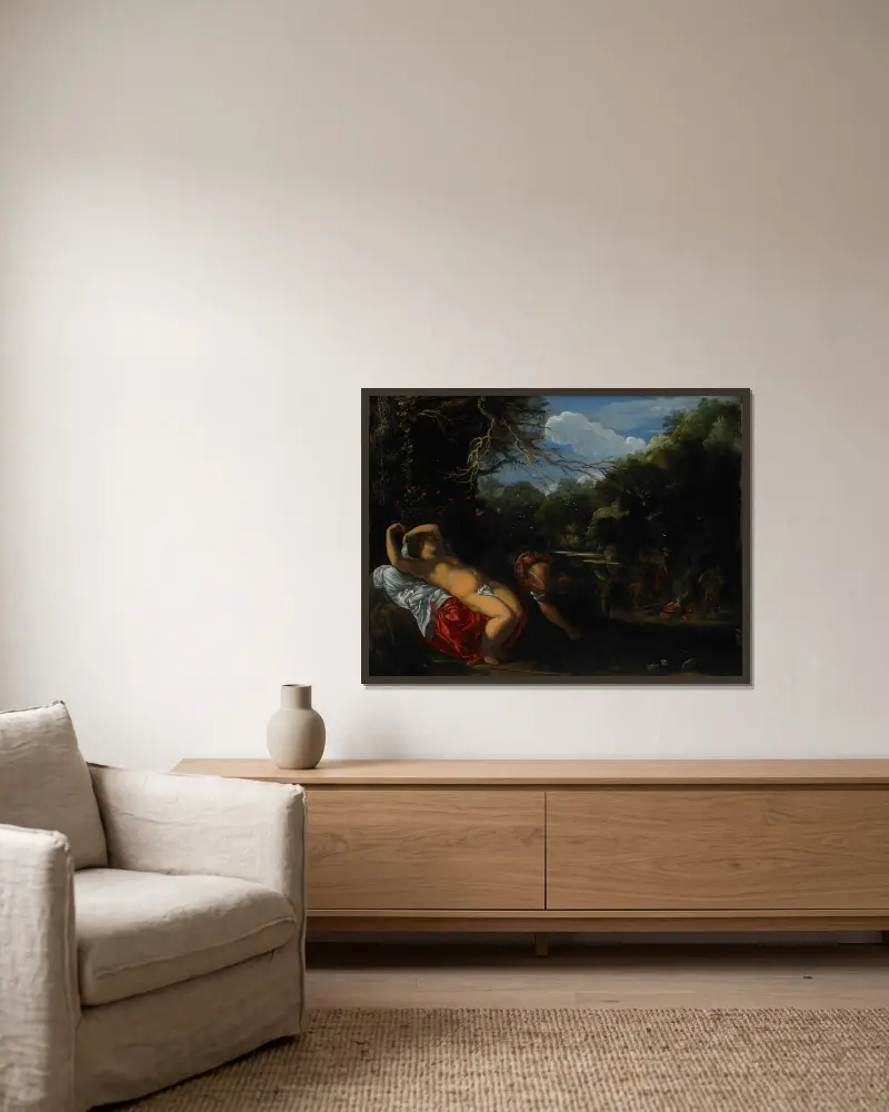 Apollo und Coronis von Adam Elsheimer gerahmt an einer Wand