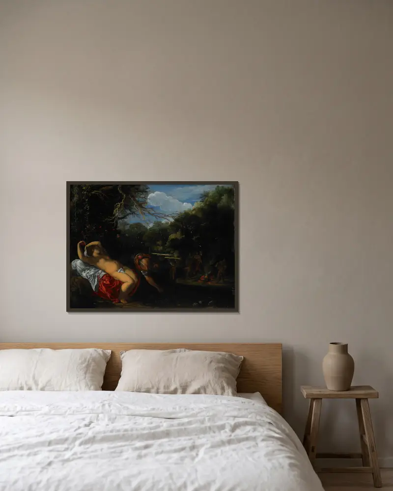 Apollo und Coronis von Adam Elsheimer gerahmt an einer Wand