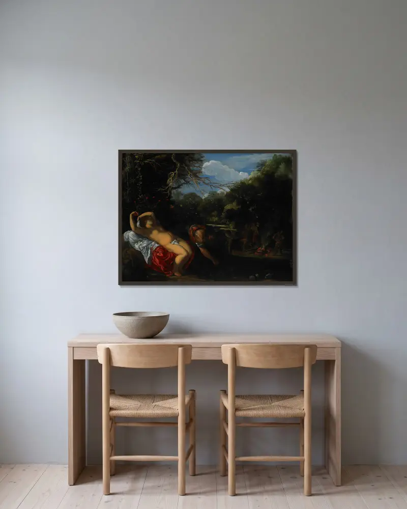 Apollo und Coronis von Adam Elsheimer gerahmt an einer Wand