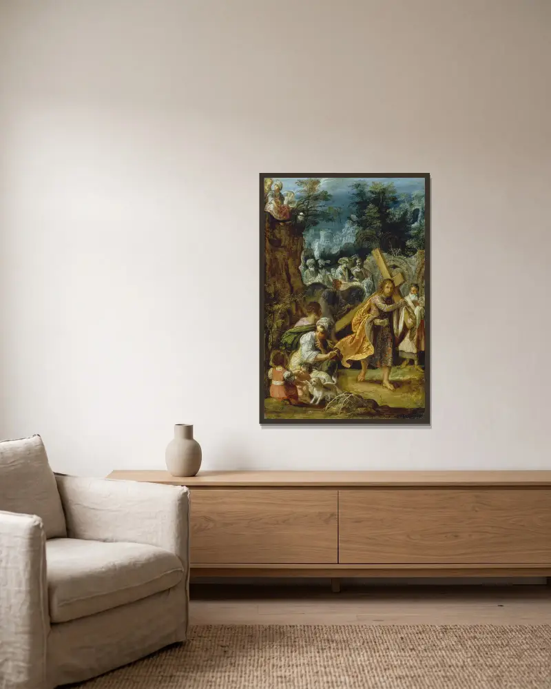 Einzug des Kaisers Herakleios in Jerusalem von Adam Elsheimer gerahmt an einer Wand