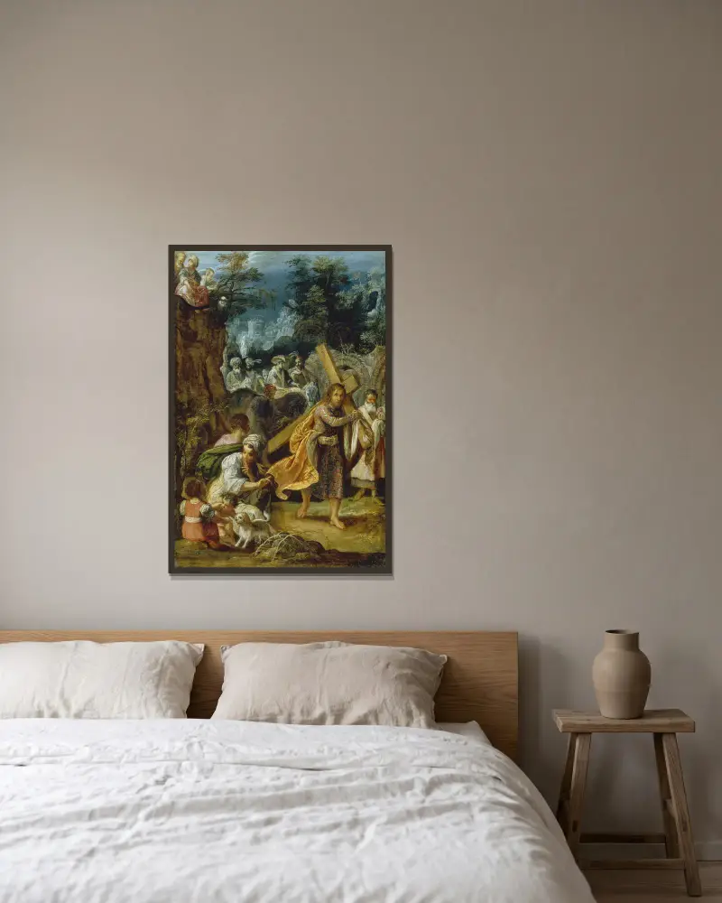 Einzug des Kaisers Herakleios in Jerusalem von Adam Elsheimer gerahmt an einer Wand