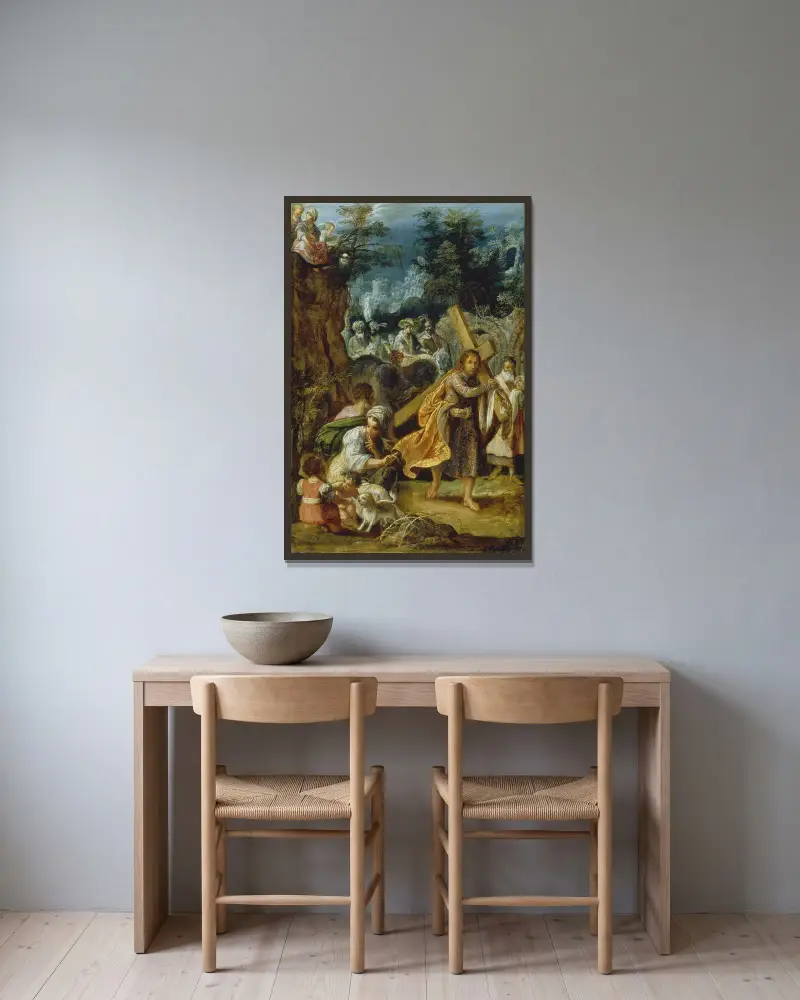 Einzug des Kaisers Herakleios in Jerusalem von Adam Elsheimer gerahmt an einer Wand