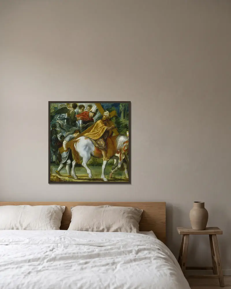 Heraclius zu Pferde mit dem Kreuz von Adam Elsheimer gerahmt an einer Wand