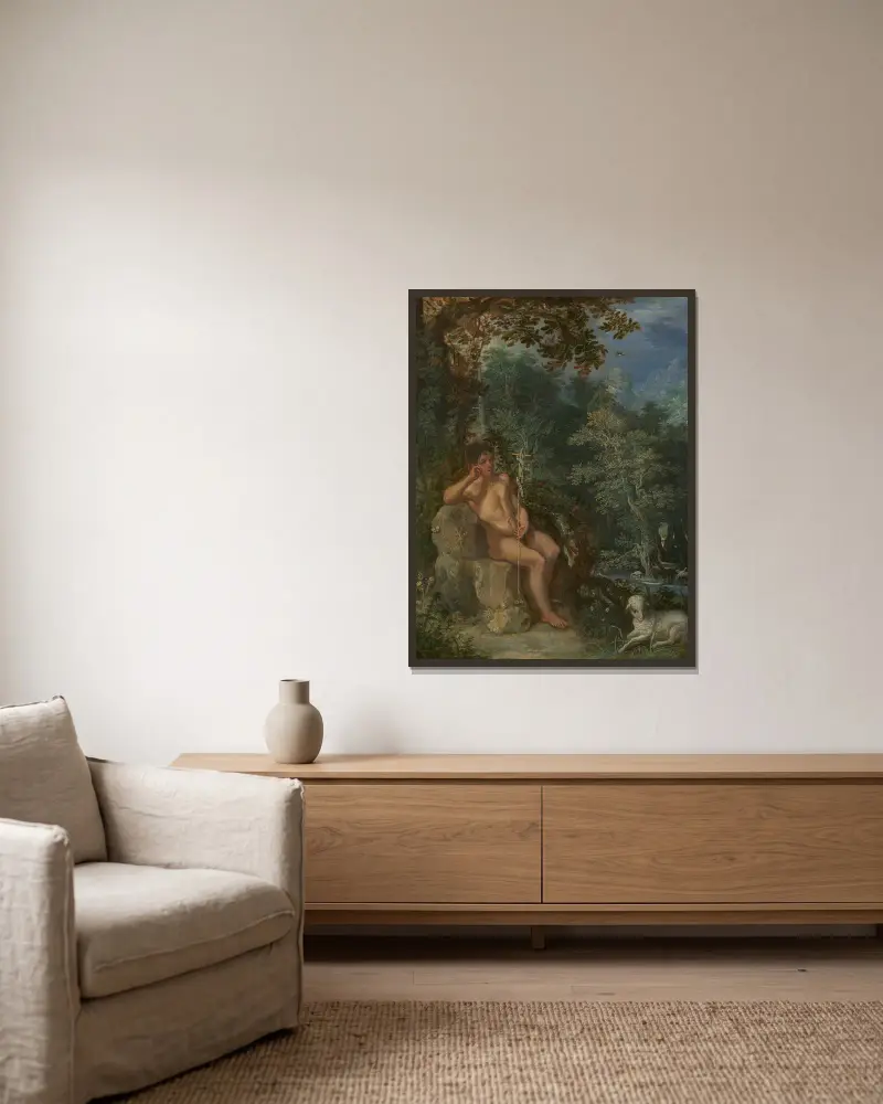 Johannes Döparen i vildmarken av Adam Elsheimer inramad på en vägg