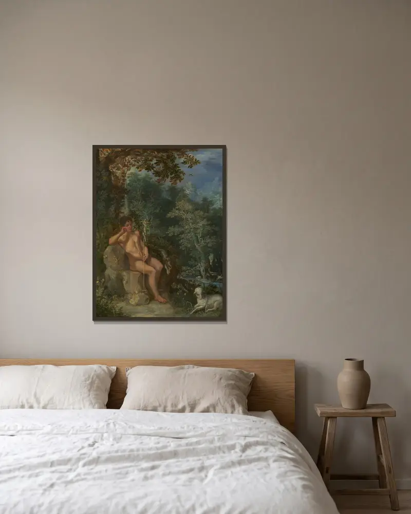 Johannes Döparen i vildmarken av Adam Elsheimer inramad på en vägg
