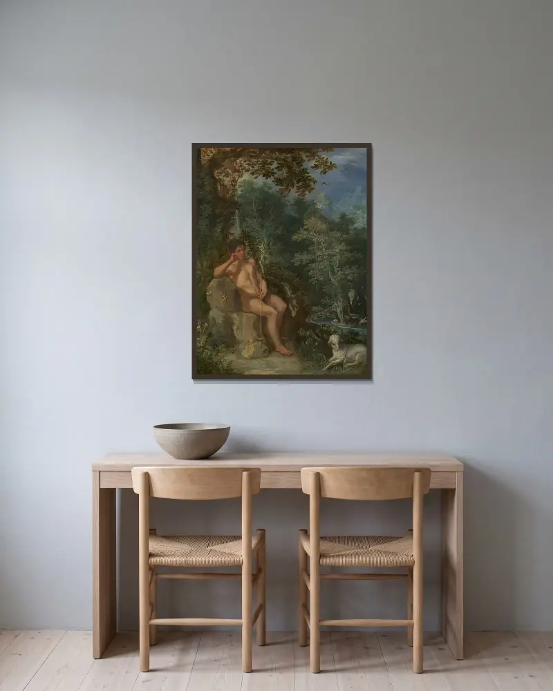 Johannes Döparen i vildmarken av Adam Elsheimer inramad på en vägg