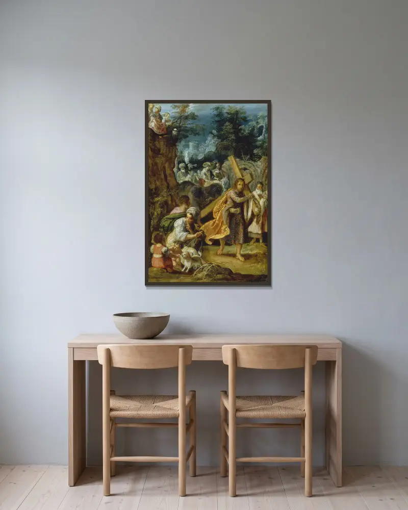 Frankfurts altartavla: Upphöjelsen av det sanna korset, kejsar Herakleios intåg i Jerusalem av Adam Elsheimer inramad på en vägg