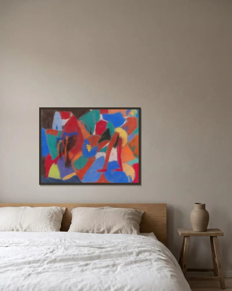 Figur in Landschaft av Adolf Hölzel inramad på en vägg