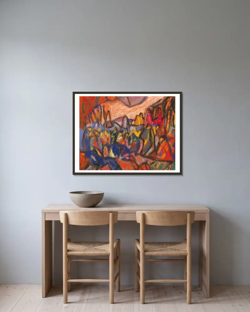 Komposition, 1930 – nr 2 av Adolf Hölzel inramad på en vägg
