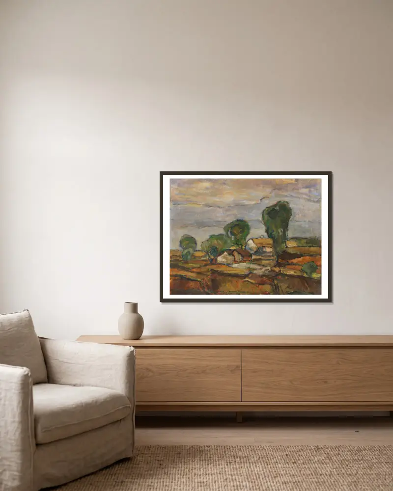 Landschaft mit Häusern und Bäumen von Adolf Hölzel gerahmt an einer Wand