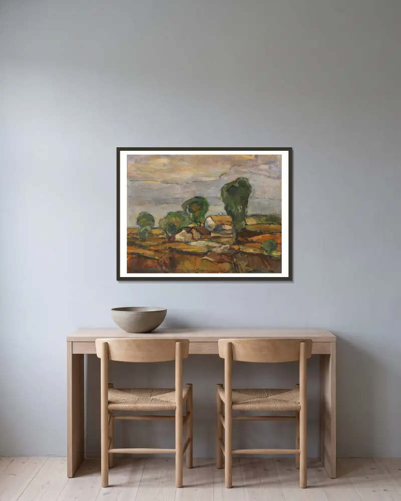 Landschaft mit Häusern und Bäumen von Adolf Hölzel gerahmt an einer Wand