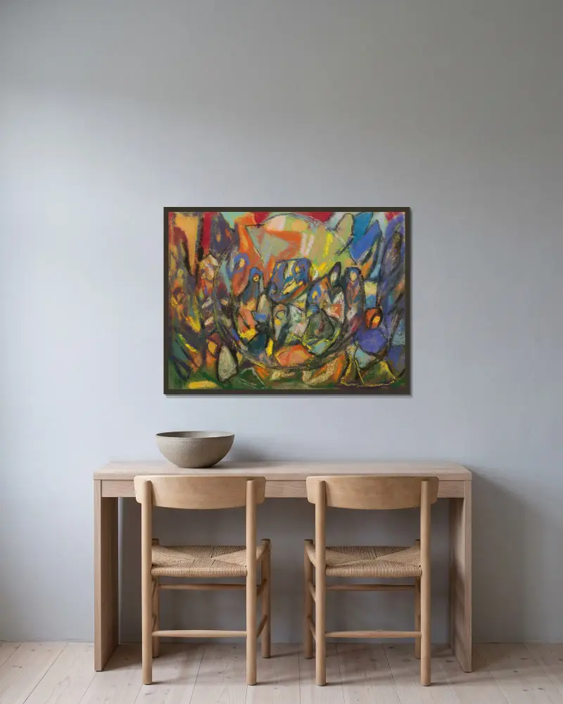 Ohne Titel (Figurenkomposition), 1930 – nr 3 av Adolf Hölzel inramad på en vägg