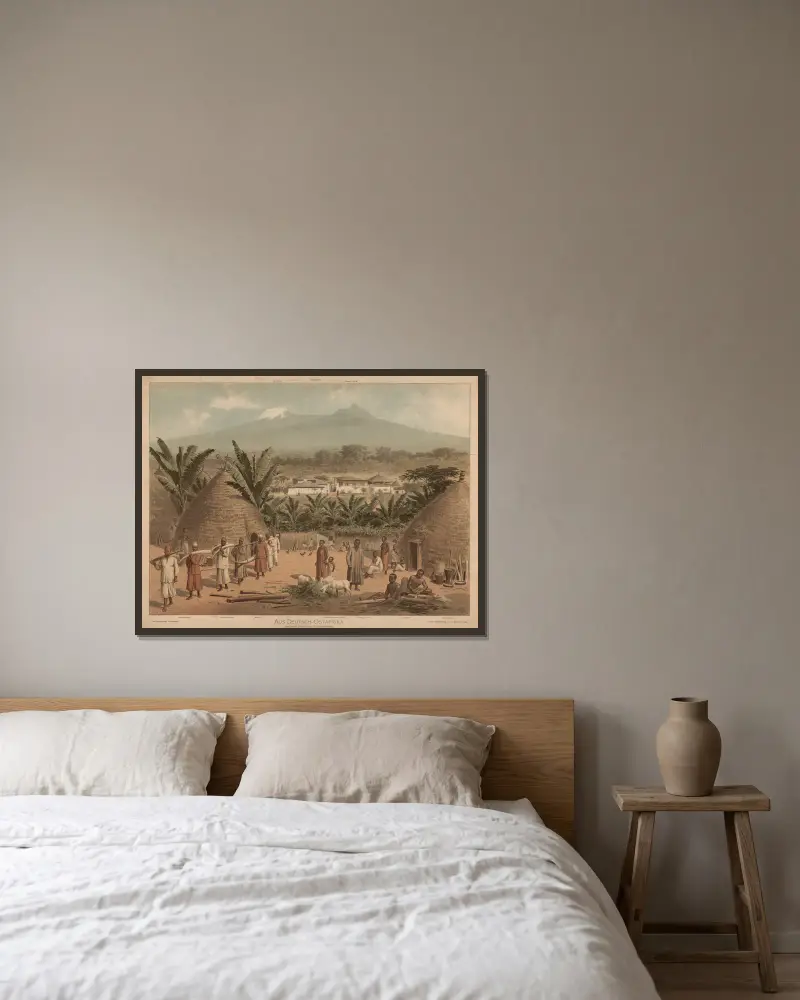 Från Tyska Östafrika. Landskapet Moschi vid Kilimanjaro av Adolf Lehmann inramad på en vägg
