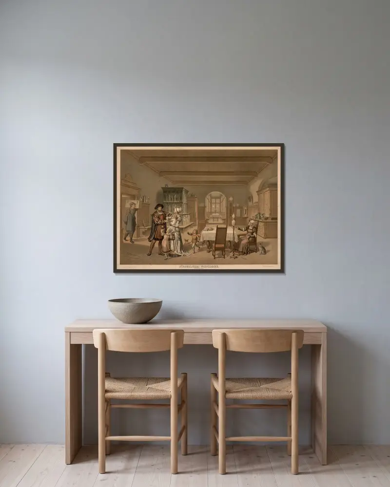 Bürgerliches Wohnzimmer. XVI. Jahrhundert von Adolf Lehmann gerahmt an einer Wand