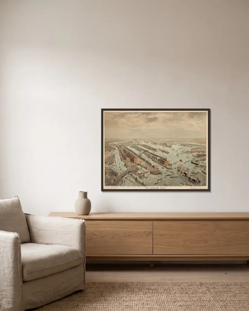 Der Hamburger Hafen av Adolf Lehmann inramad på en vägg