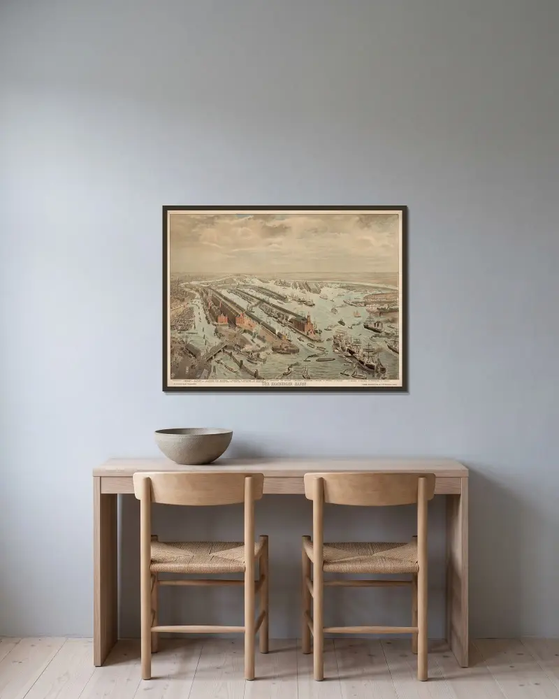 Der Hamburger Hafen av Adolf Lehmann inramad på en vägg