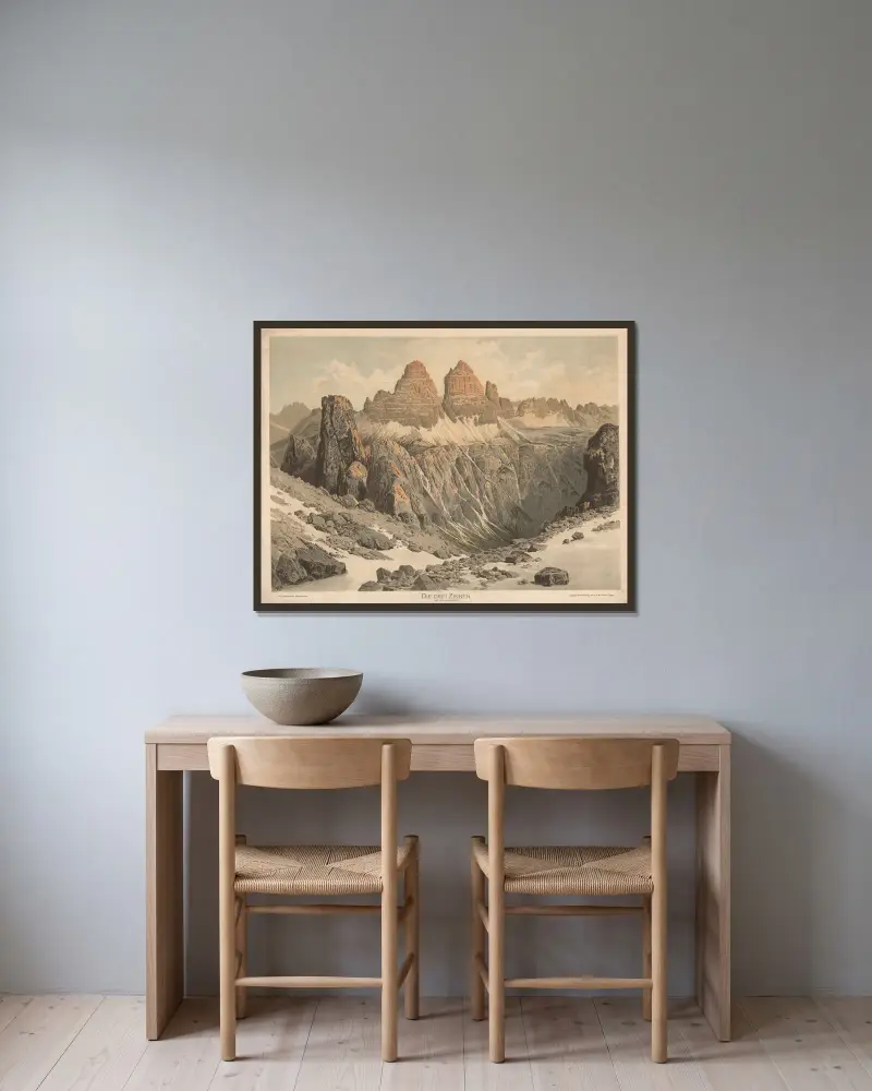 De tre topparna i Dolomiterna av Adolf Lehmann inramad på en vägg